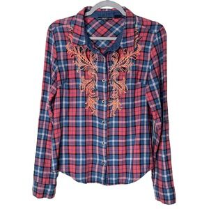 Miss Me Pink and Blue Plaid Button-Down Shirt with Embroidered Detail